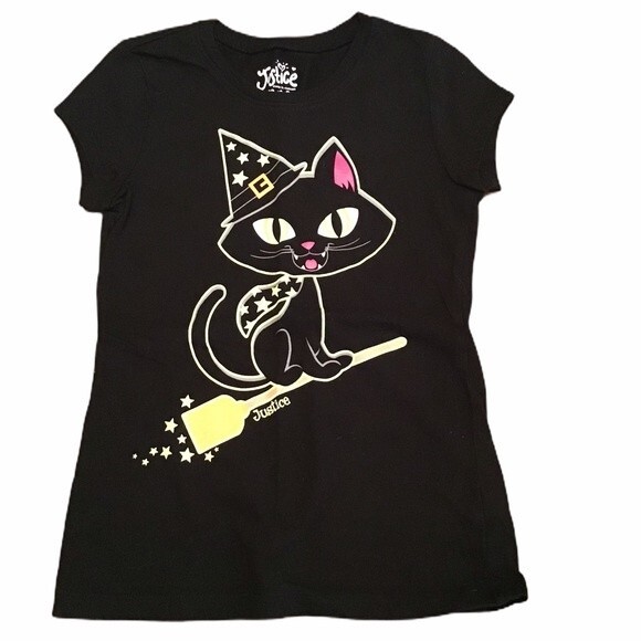 Justice Halloween Glow in the Dark Wicked Witch Cat Short Sleeve Top Size 8 - Picture 1 of 2